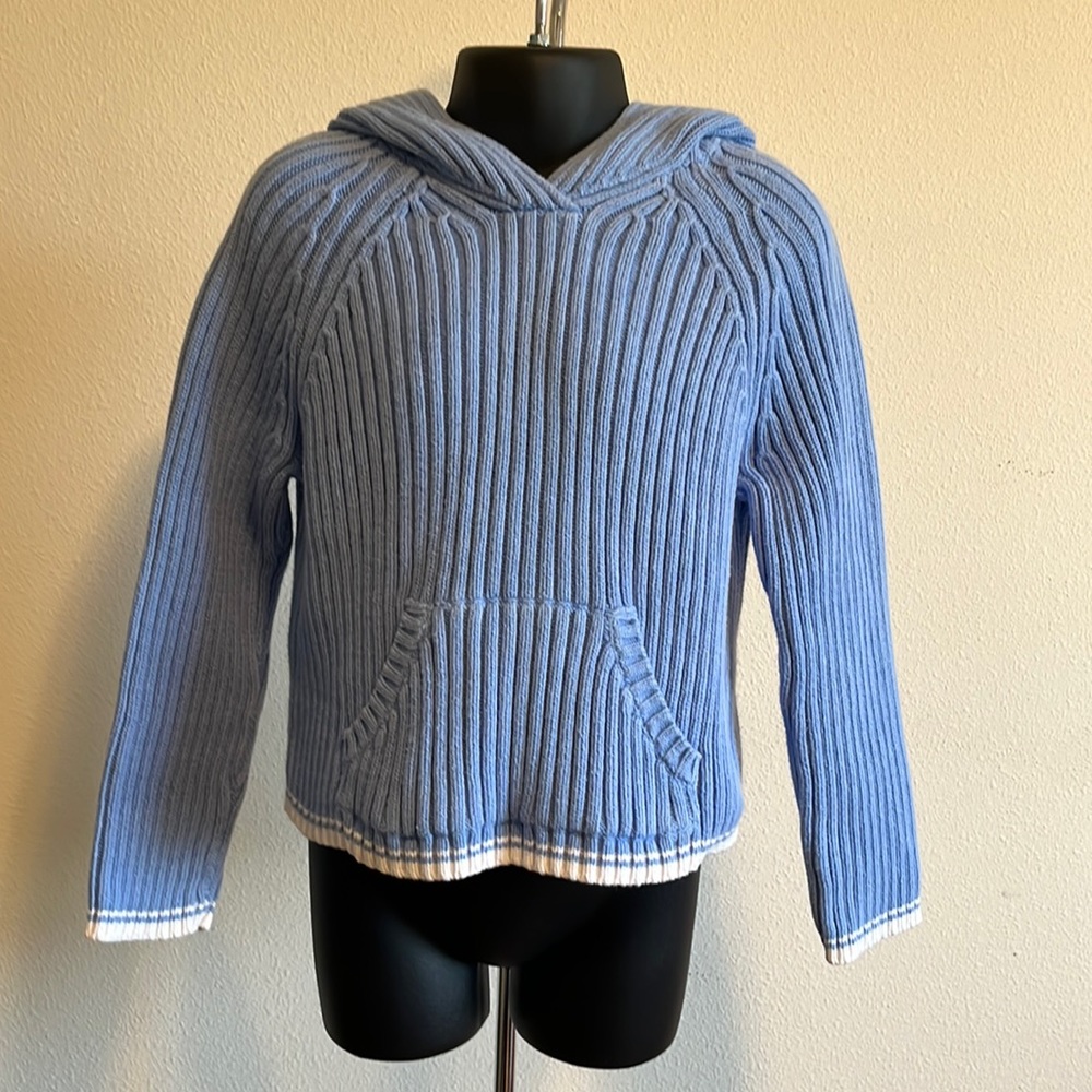 Just Friends 100% Baby Blue Heavy Gauge Cable Hooded Knit Sweater Kids Sz 5 EUC